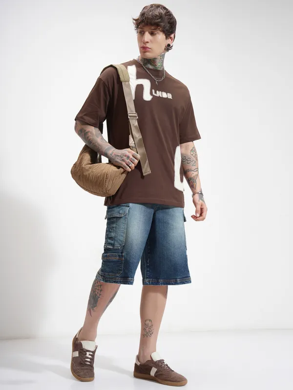 Highlander Men Brown Printed Round Neck Oversized Fit T-Shirt