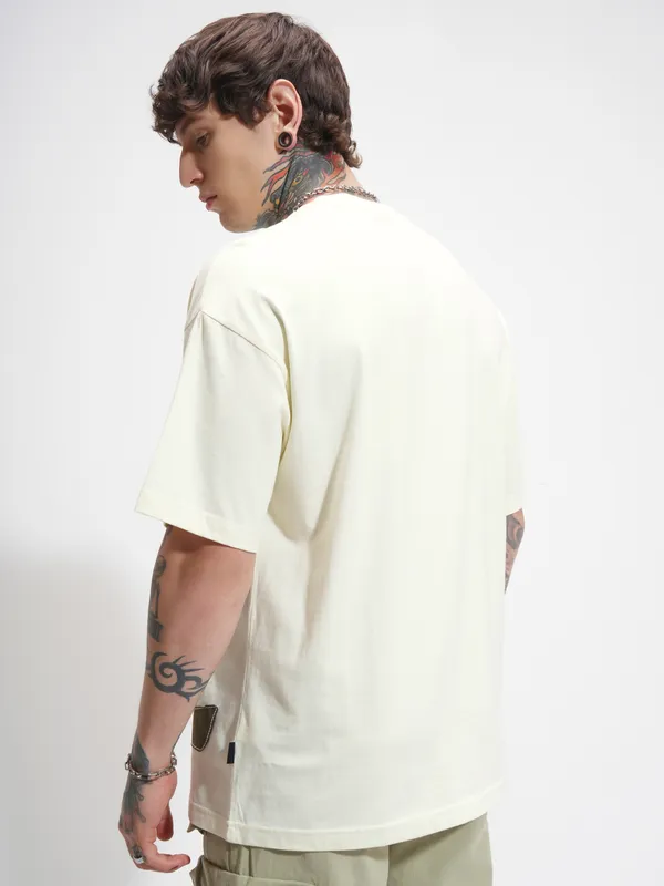 Highlander Men Cream Printed Round Neck Oversized Fit T-Shirt