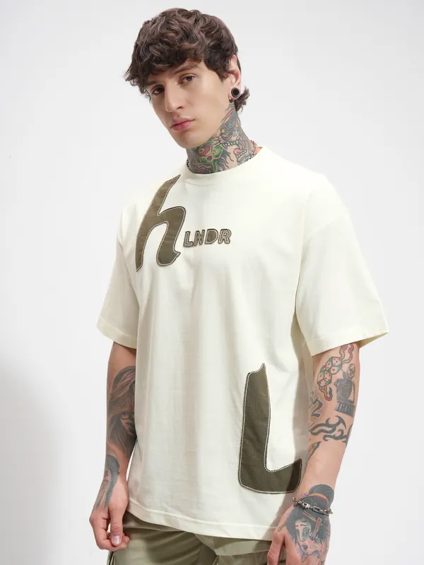 Highlander Men Cream Printed Round Neck Oversized Fit T-Shirt