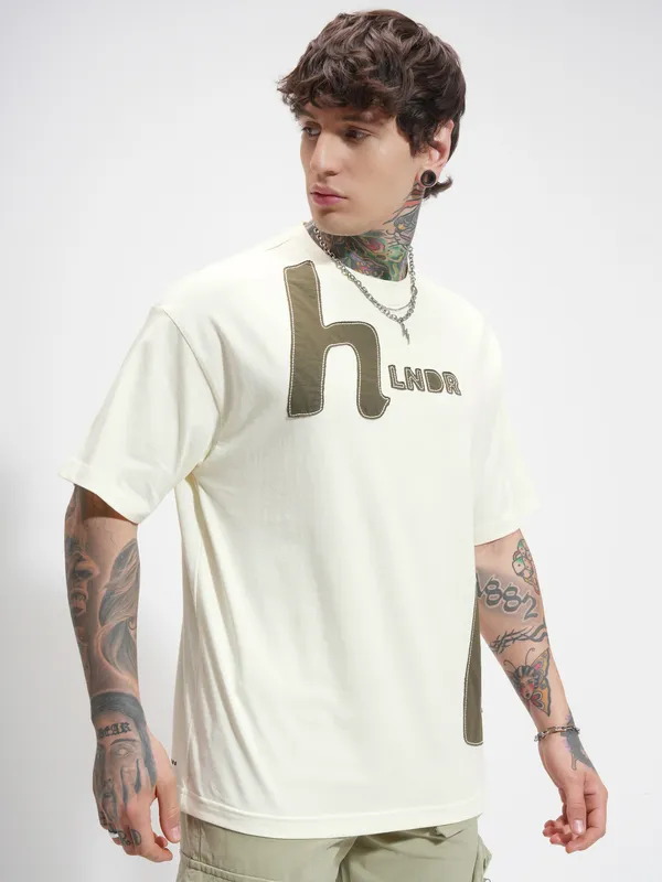 Highlander Men Cream Printed Round Neck Oversized Fit T-Shirt