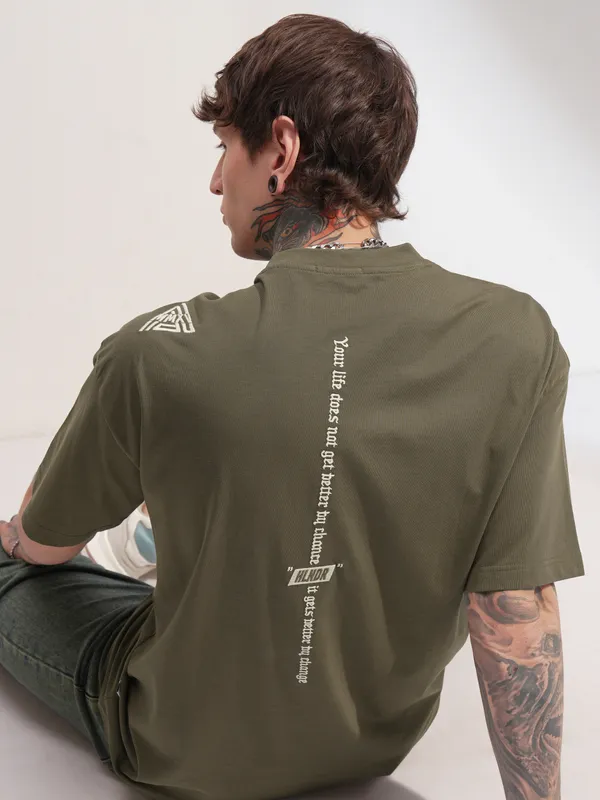Highlander Men Olive Printed Round Neck Oversized Fit T-Shirt
