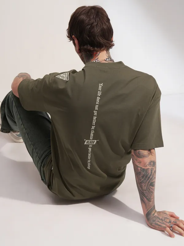 Highlander Men Olive Printed Round Neck Oversized Fit T-Shirt