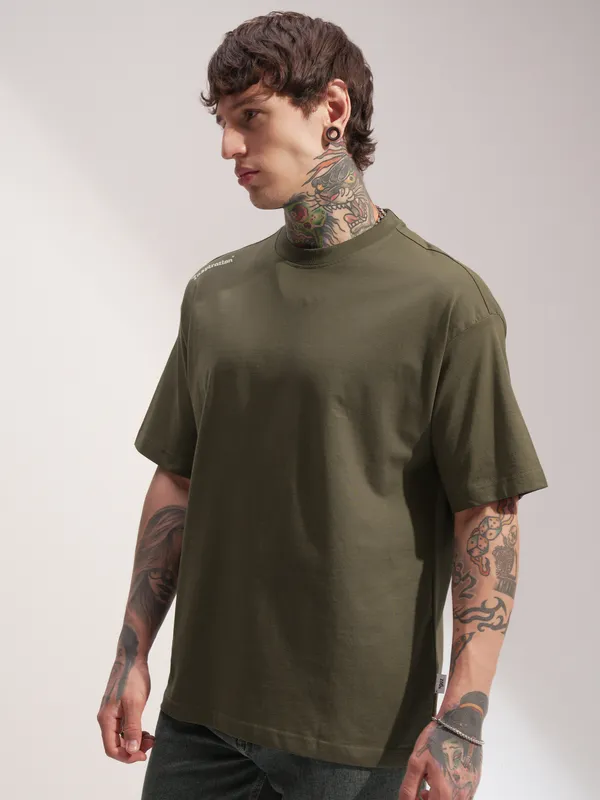Highlander Men Olive Printed Round Neck Oversized Fit T-Shirt