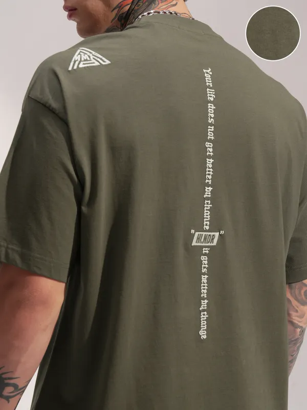 Highlander Men Olive Printed Round Neck Oversized Fit T-Shirt