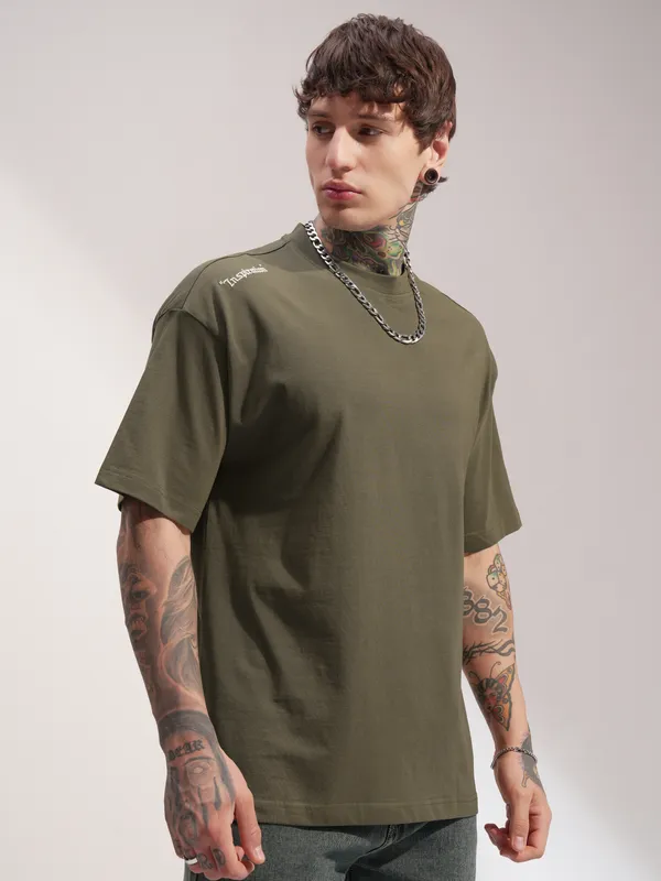 Highlander Men Olive Printed Round Neck Oversized Fit T-Shirt