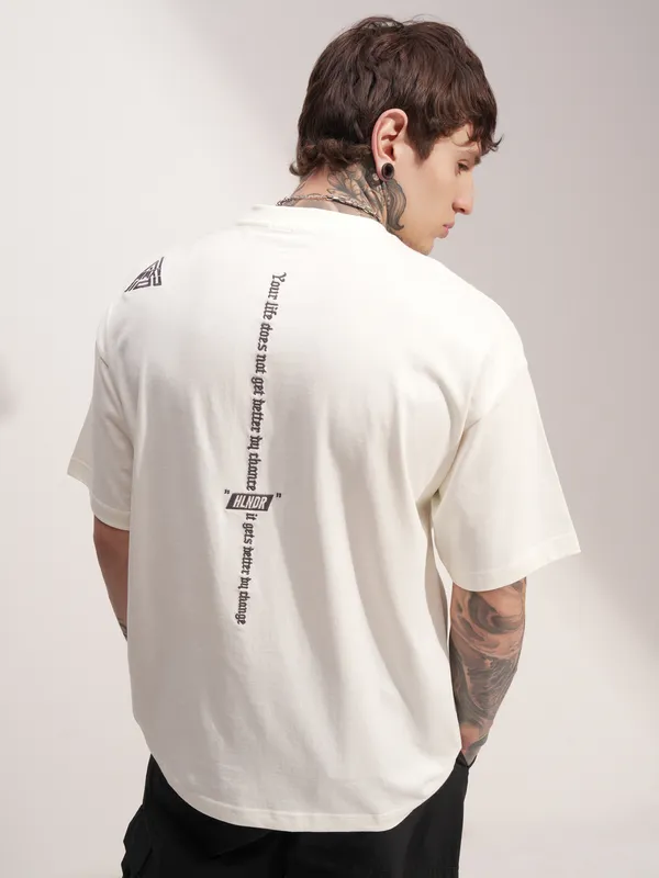 Highlander Men Off White Printed Round Neck Oversized Fit T-Shirt