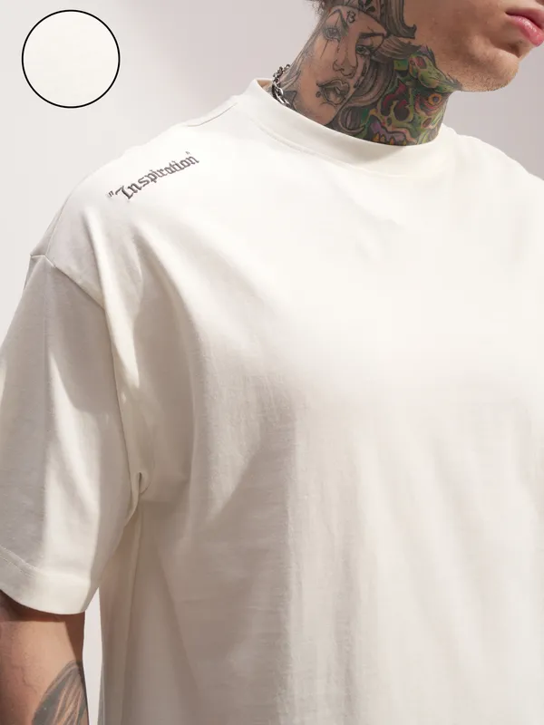Highlander Men Off White Printed Round Neck Oversized Fit T-Shirt