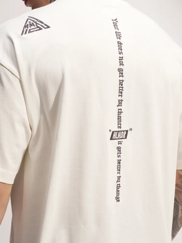 Highlander Men Off White Printed Round Neck Oversized Fit T-Shirt