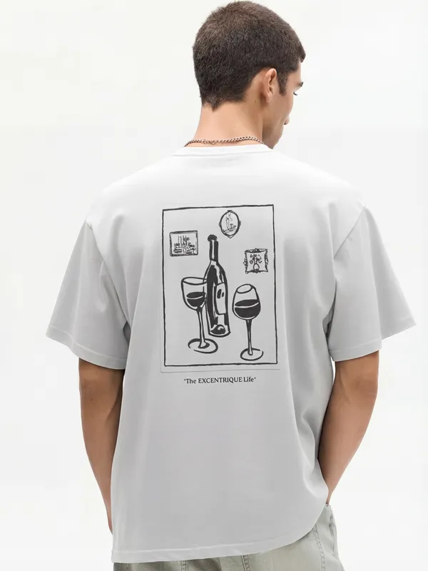 Highlander Men White Printed Round Neck Oversized Fit T-Shirt