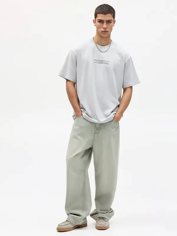 Highlander Men White Printed Round Neck Oversized Fit T-Shirt