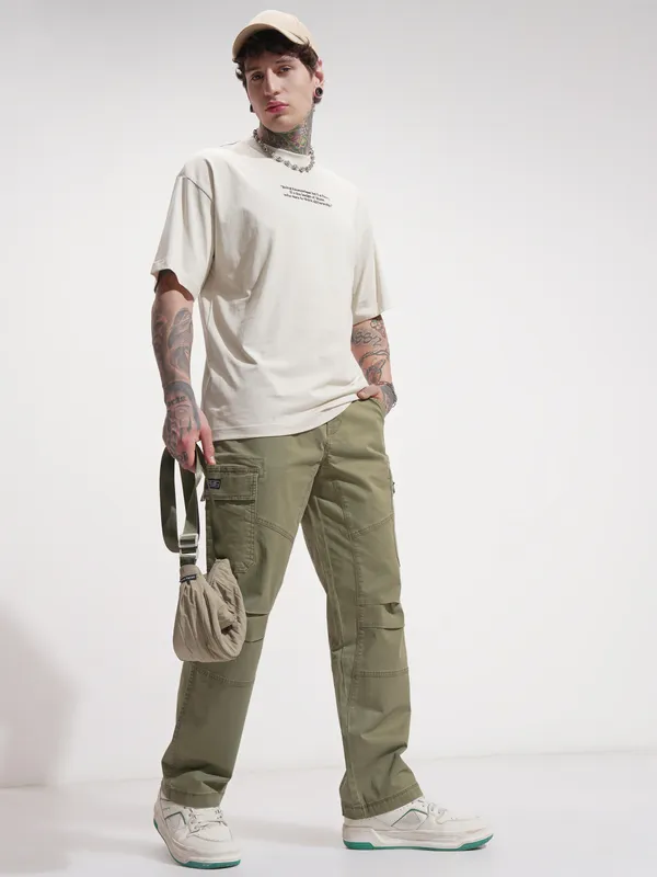 Highlander Men Beige Printed Round Neck Oversized Fit T-Shirt