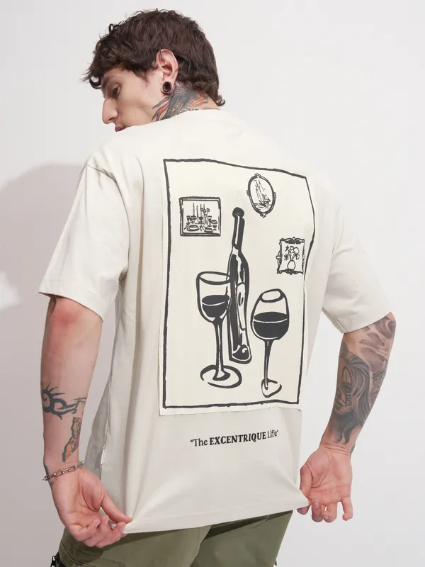 Highlander Men Beige Printed Round Neck Oversized Fit T-Shirt