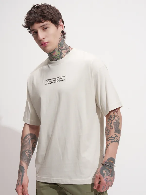 Highlander Men Beige Printed Round Neck Oversized Fit T-Shirt