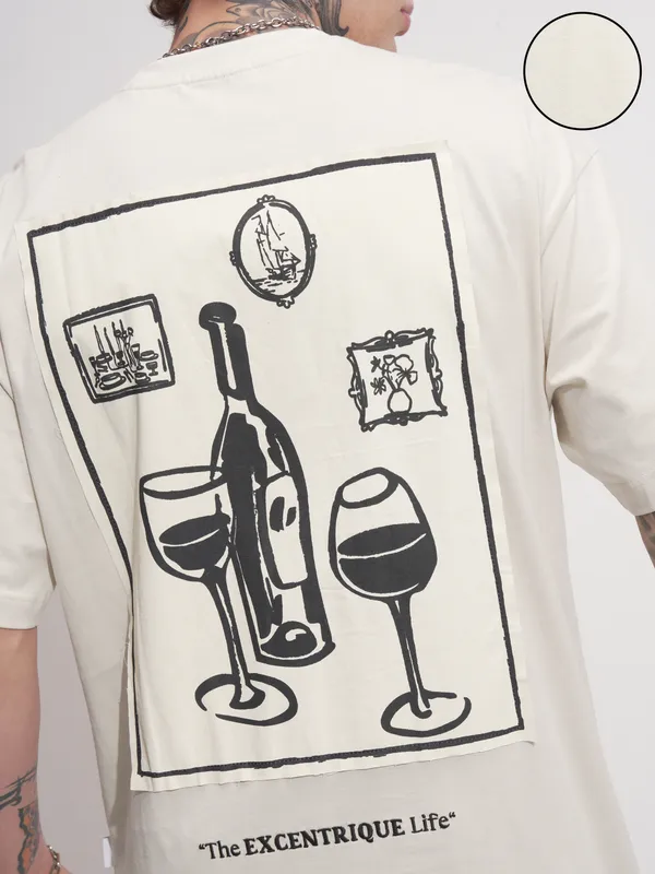 Highlander Men Beige Printed Round Neck Oversized Fit T-Shirt