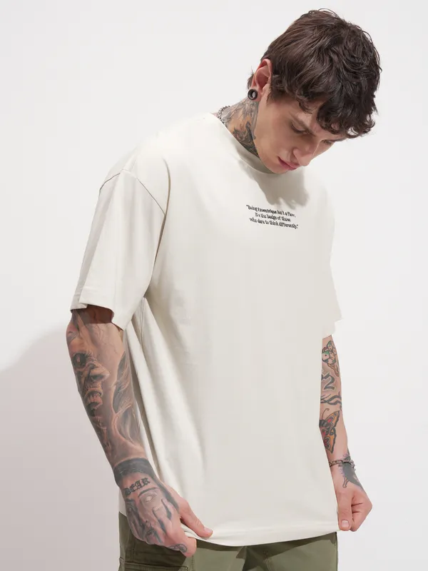Highlander Men Beige Printed Round Neck Oversized Fit T-Shirt