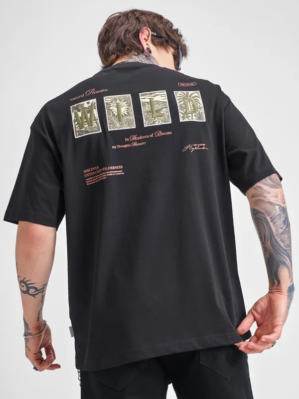 Highlander Men Black Printed Round Neck Oversized Fit T-Shirt