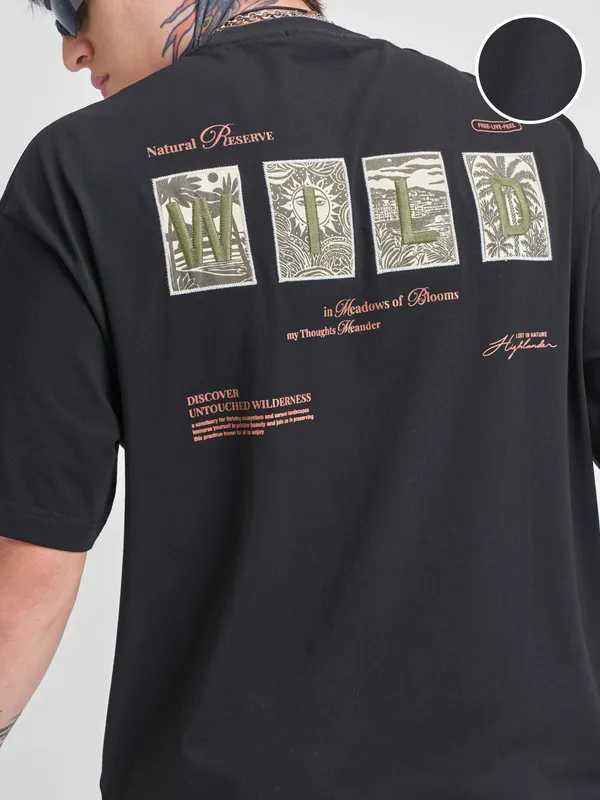 Highlander Men Black Printed Round Neck Oversized Fit T-Shirt