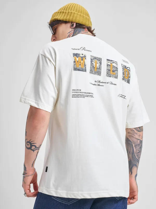 Highlander Men Off White Printed Round Neck Oversized Fit T-Shirt