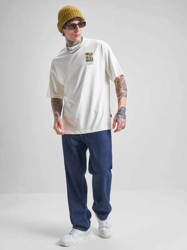 Highlander Men Off White Printed Round Neck Oversized Fit T-Shirt