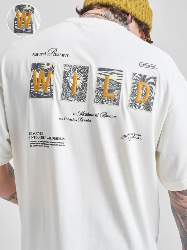 Highlander Men Off White Printed Round Neck Oversized Fit T-Shirt