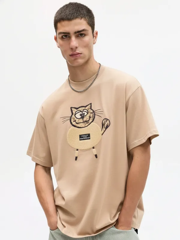 Highlander Men Beige Printed Round Neck Oversized Fit T-Shirt