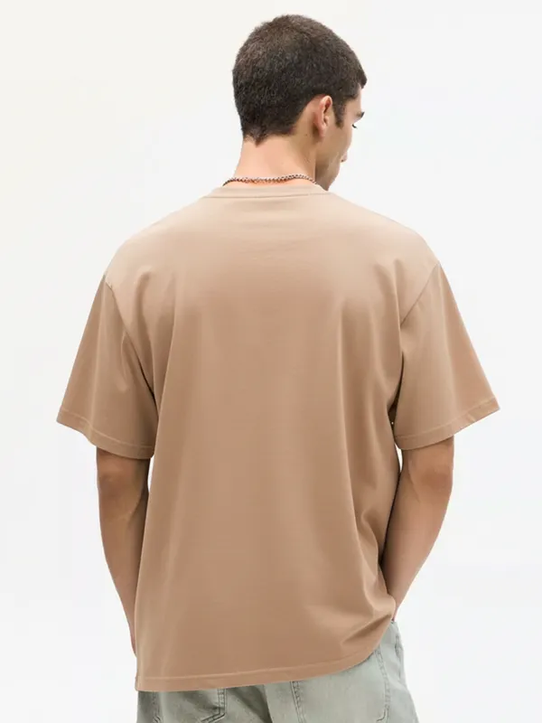 Highlander Men Beige Printed Round Neck Oversized Fit T-Shirt