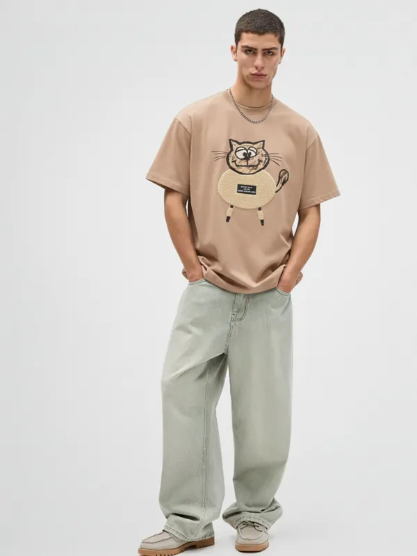 Highlander Men Beige Printed Round Neck Oversized Fit T-Shirt