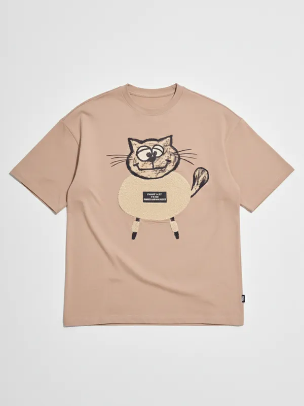 Highlander Men Beige Printed Round Neck Oversized Fit T-Shirt