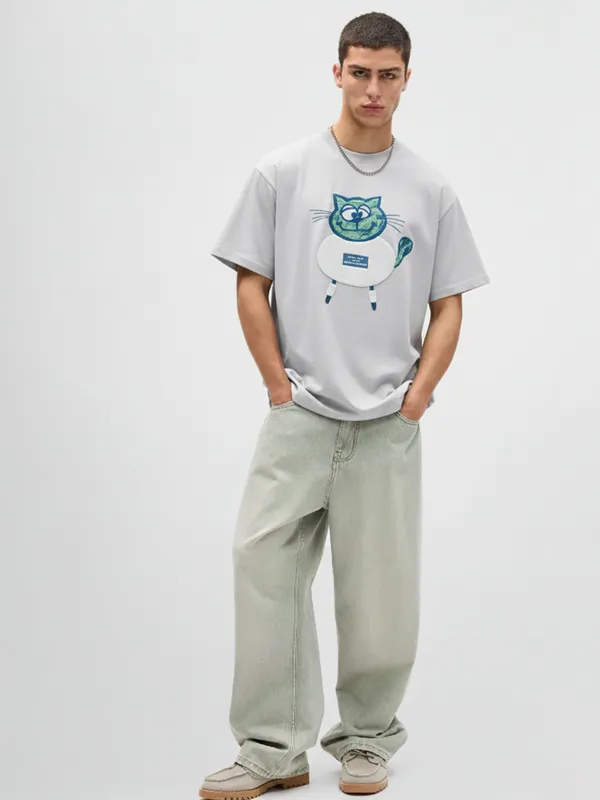 Highlander Men Grey Printed Round Neck Oversized Fit T-Shirt