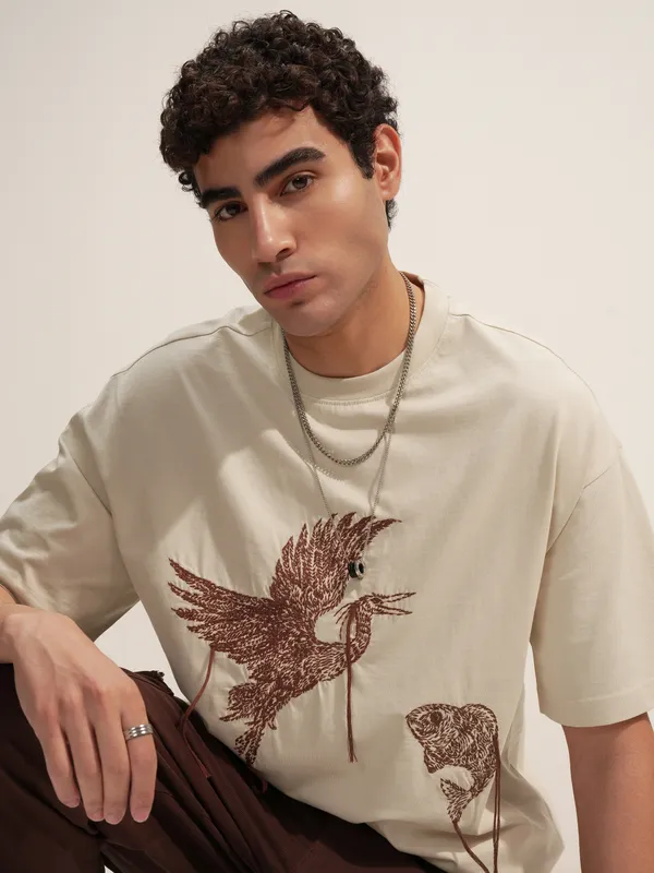 Highlander Men Beige Embroidered Round Neck Oversized Fit T-Shirt
