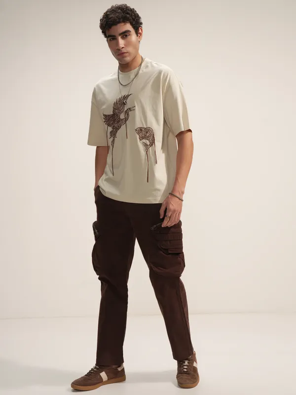 Highlander Men Beige Embroidered Round Neck Oversized Fit T-Shirt