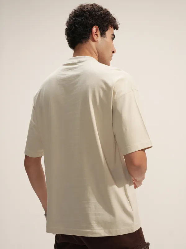 Highlander Men Beige Embroidered Round Neck Oversized Fit T-Shirt