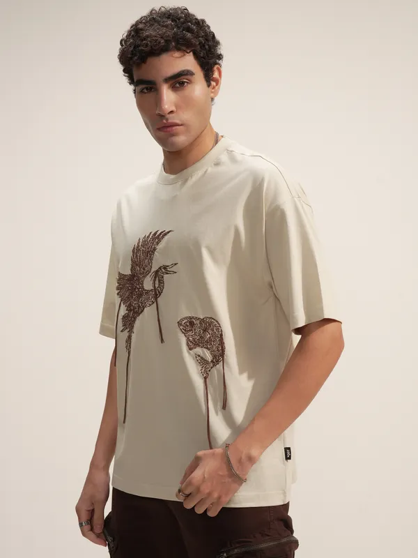Highlander Men Beige Embroidered Round Neck Oversized Fit T-Shirt