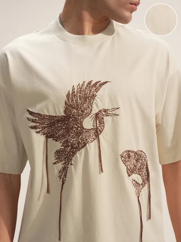 Highlander Men Beige Embroidered Round Neck Oversized Fit T-Shirt