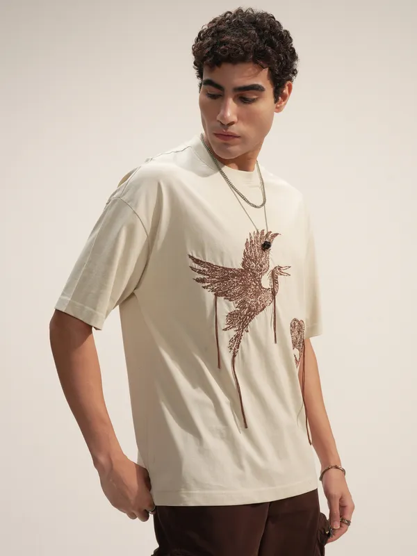 Highlander Men Beige Embroidered Round Neck Oversized Fit T-Shirt