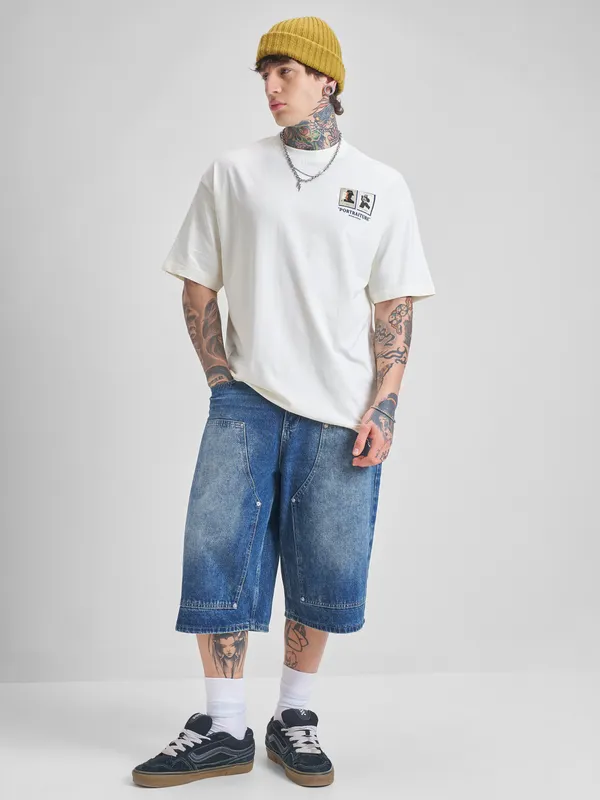 Highlander Men Off White Printed Round Neck Oversized Fit T-Shirt