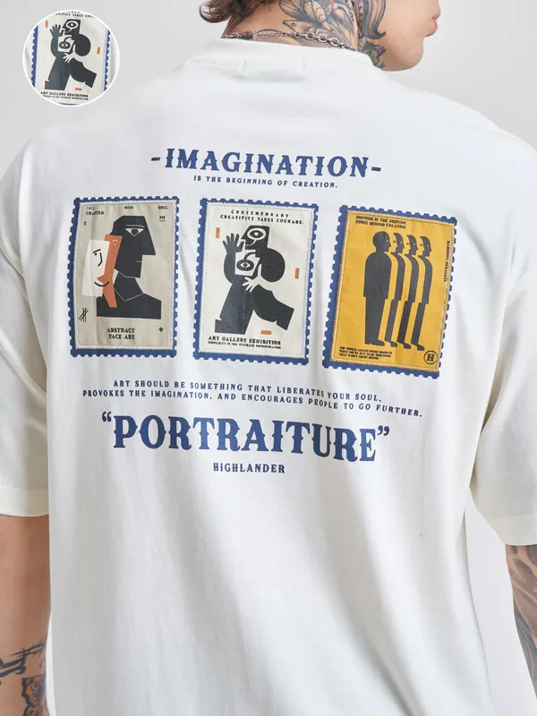 Highlander Men Off White Printed Round Neck Oversized Fit T-Shirt