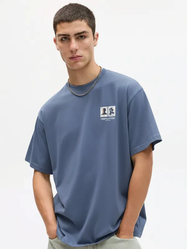 Highlander Men Blue Printed Round Neck Oversized Fit T-Shirt