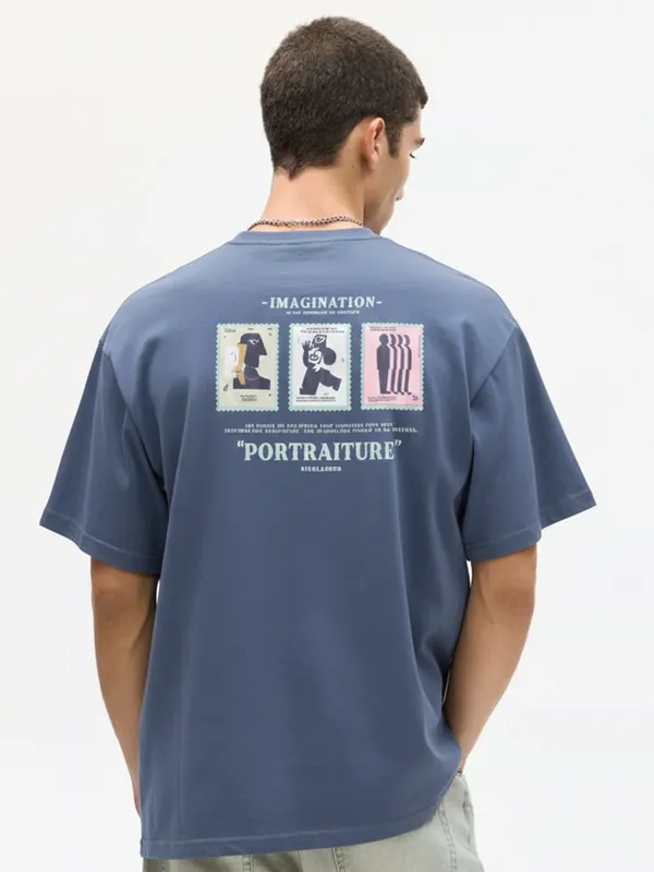 Highlander Men Blue Printed Round Neck Oversized Fit T-Shirt