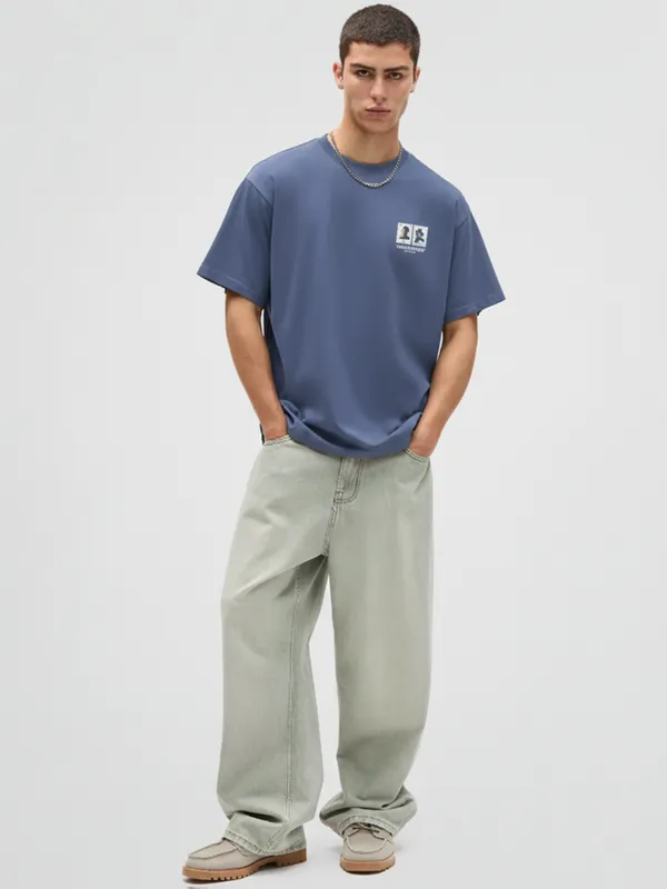 Highlander Men Blue Printed Round Neck Oversized Fit T-Shirt