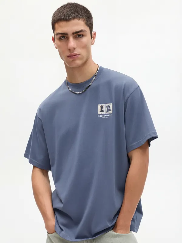 Highlander Men Blue Printed Round Neck Oversized Fit T-Shirt