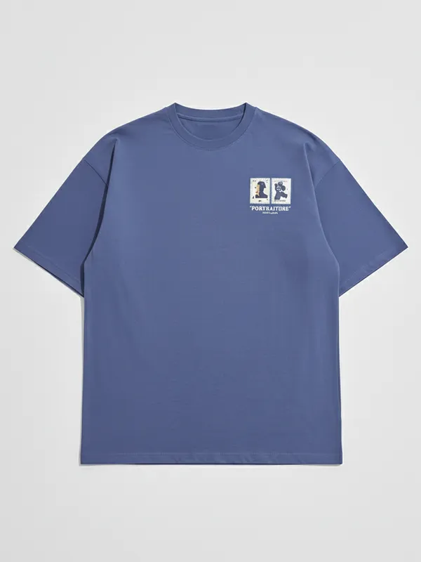 Highlander Men Blue Printed Round Neck Oversized Fit T-Shirt