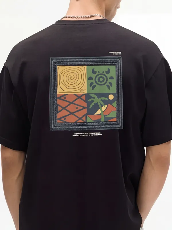 Highlander Men Black Printed Round Neck Oversized Fit T-Shirt