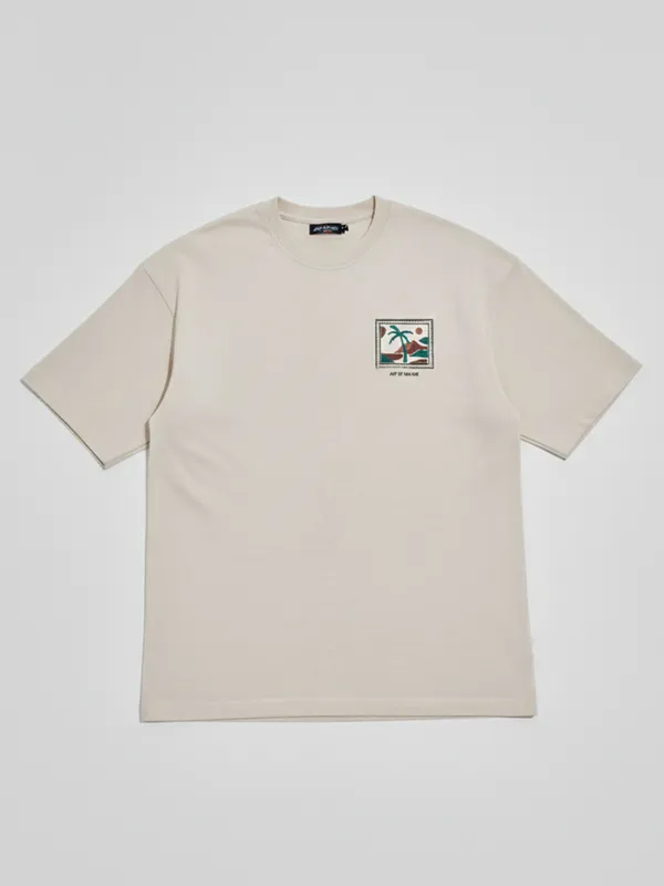 Highlander Men Cream Printed Round Neck Oversized Fit T-Shirt