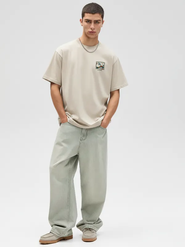 Highlander Men Cream Printed Round Neck Oversized Fit T-Shirt