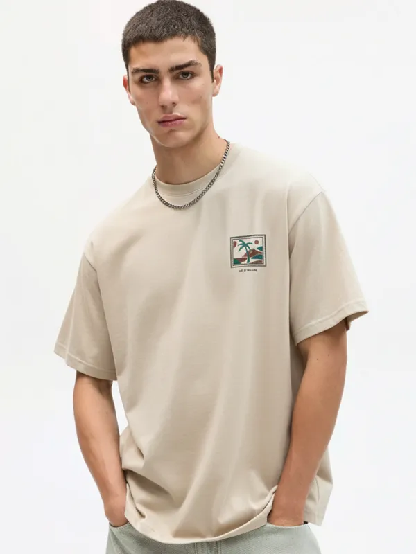 Highlander Men Cream Printed Round Neck Oversized Fit T-Shirt