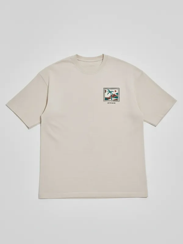 Highlander Men Cream Printed Round Neck Oversized Fit T-Shirt