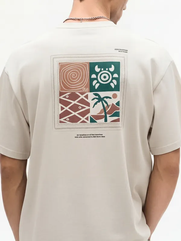 Highlander Men Cream Printed Round Neck Oversized Fit T-Shirt