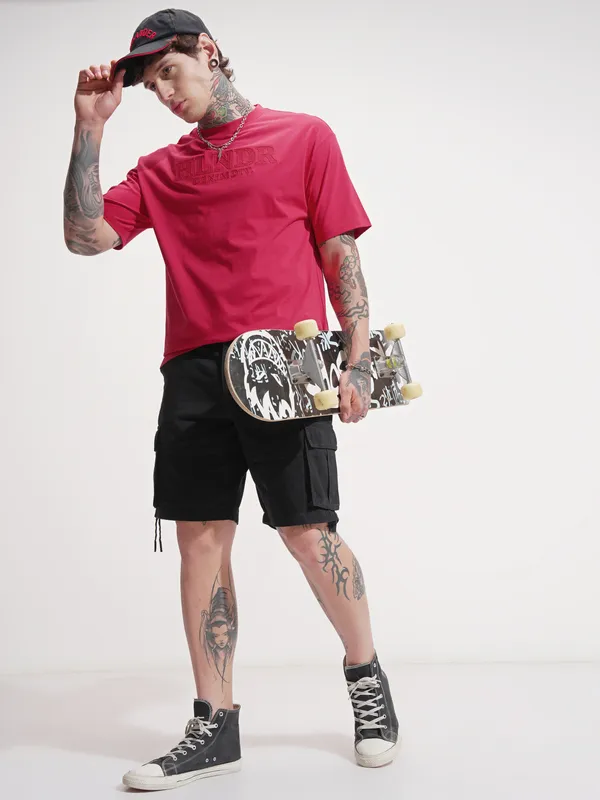 Highlander Men Red Self Design Round Neck T-Shirt