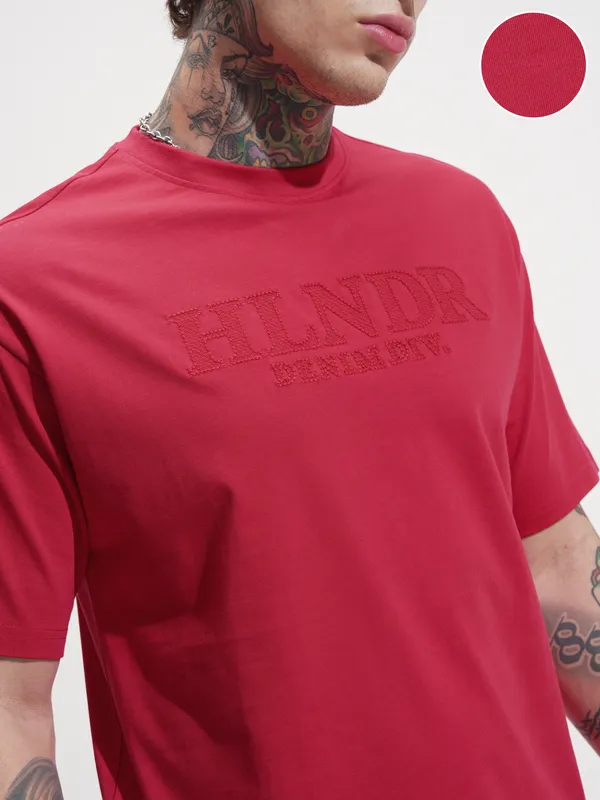 Highlander Men Red Self Design Round Neck T-Shirt